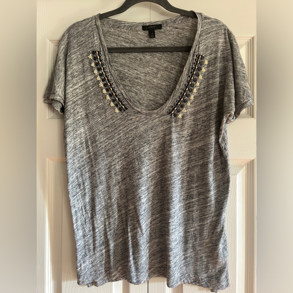 J. Crew  Top Heathered gray beaded v neck tee Women’s Size M